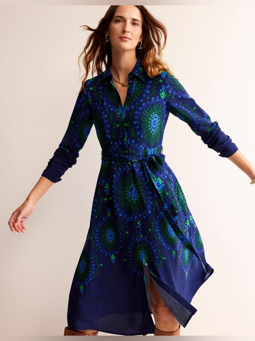 Boden Kate Midi Shirt Dress In French Navy Artizian Geo Size 2- Missing size tag